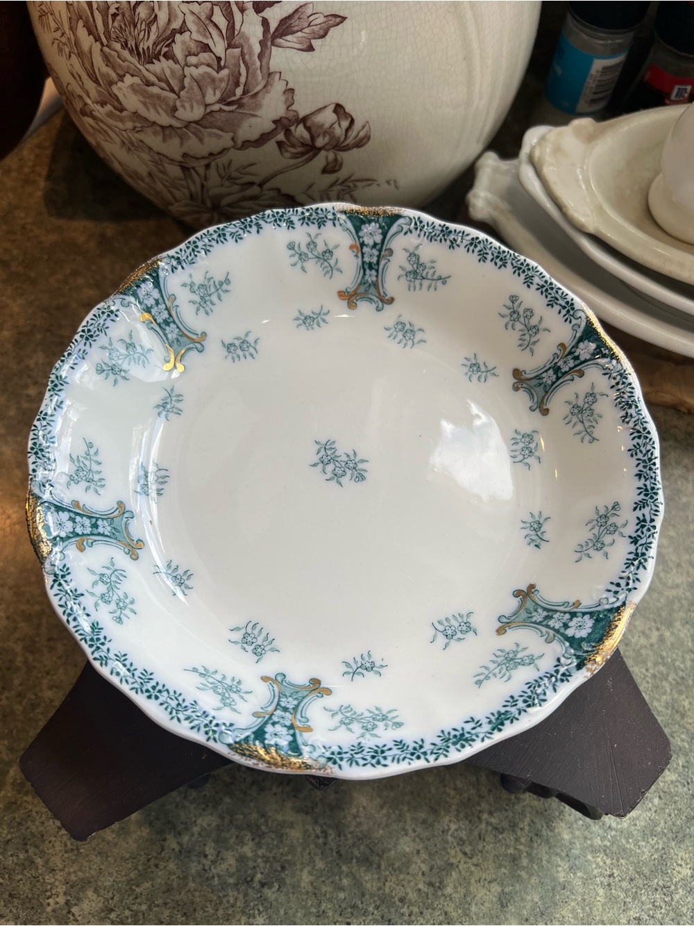 J&G Meakin Diana (2) floral blue green gold rim porcelain bowls, England, 1890s